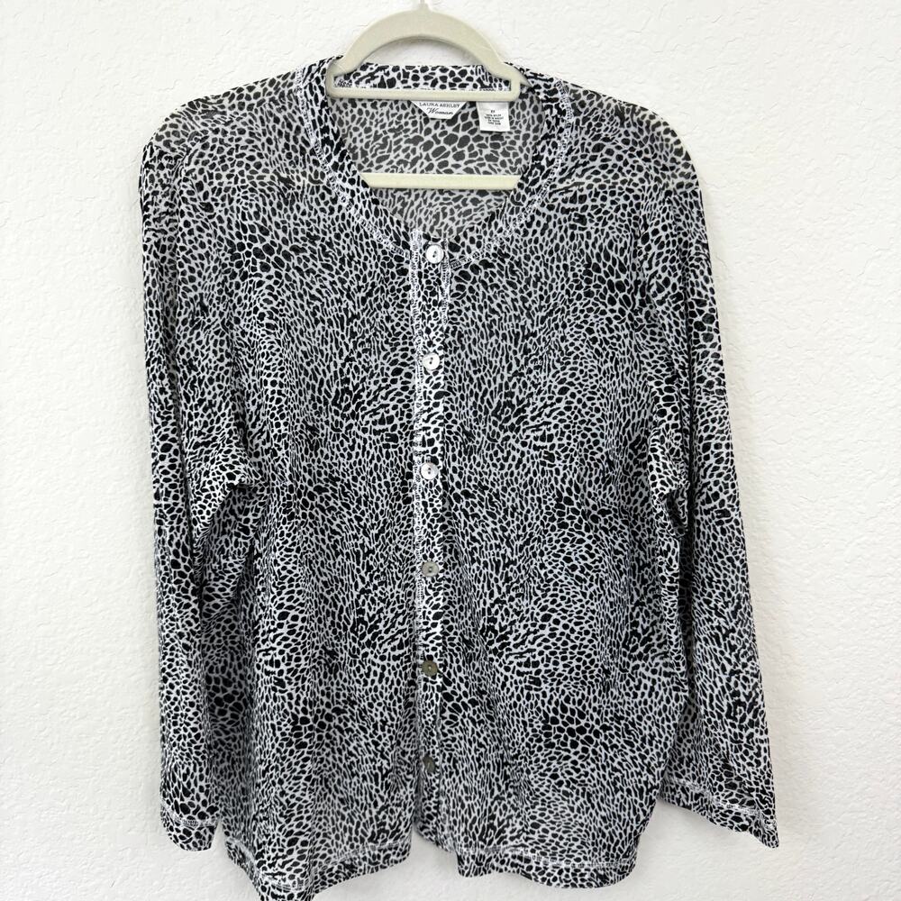 Laura Ashley Womens Button Front Blouse Top Shirt Sz 2X Animal Print Sheer Black